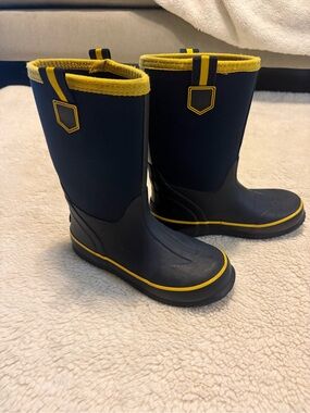 Lands End Youth Navy and Yellow Rain Boots - Waterproof Outdoor Boots